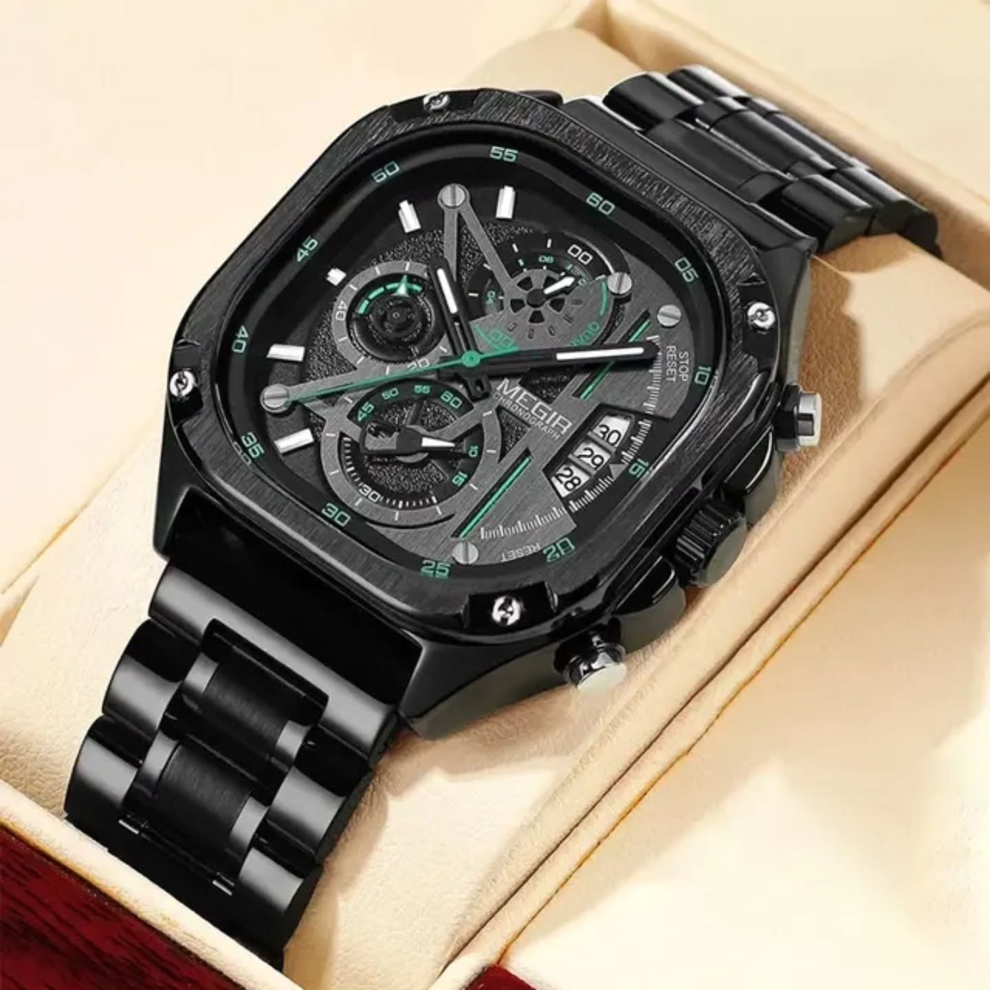 MEGIR Men’s Square Chronograph Watch – Stainless Steel Luxury Quartz Wristwatch