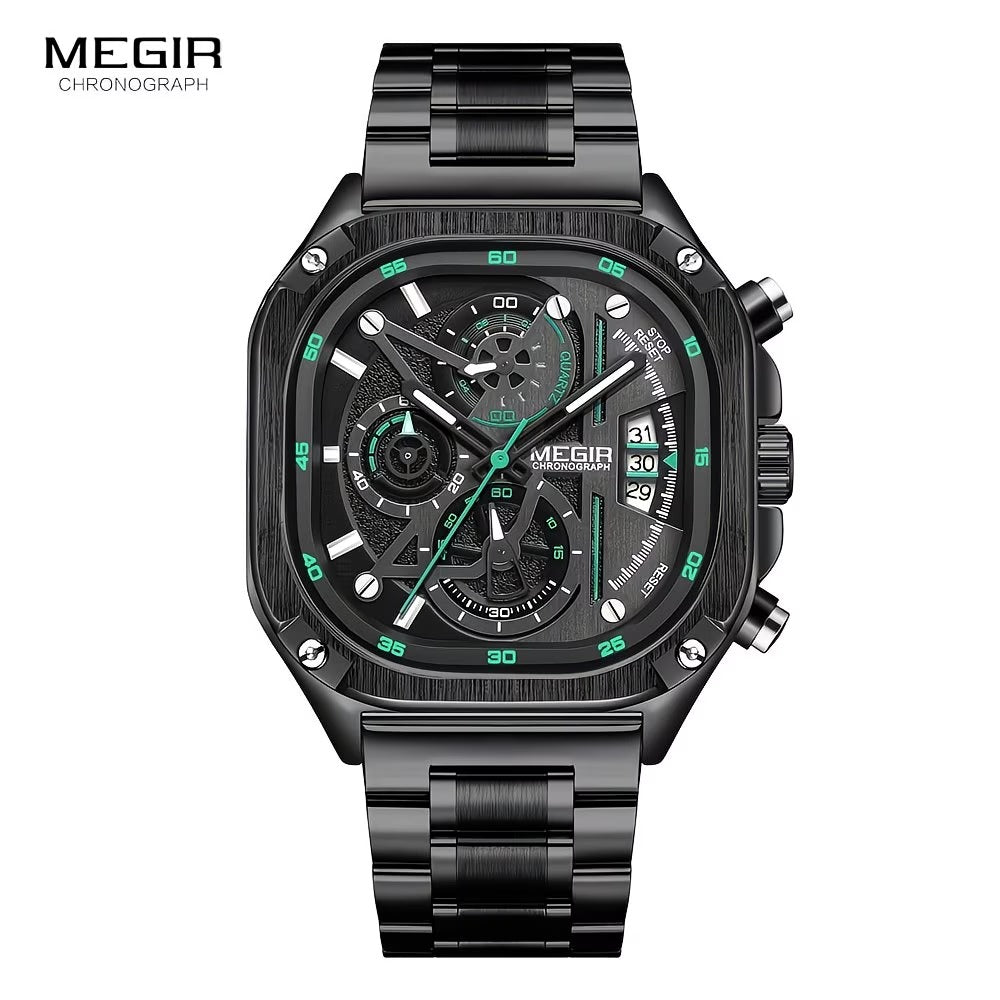 MEGIR Quartz Watch Men ⌚ Waterproof Square Dial 💧 Chronograph Stainless Steel Strap ✨ Luminous Hands 🌙 Auto Date 📅