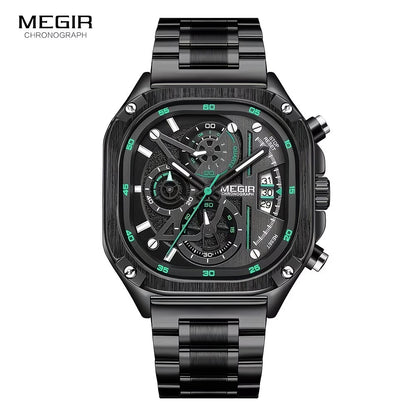 MEGIR Quartz Watch Men ⌚ Waterproof Square Dial 💧 Chronograph Stainless Steel Strap ✨ Luminous Hands 🌙 Auto Date 📅