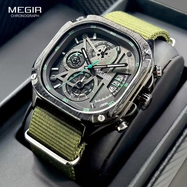 MEGIR Men’s Square Chronograph Watch – Stainless Steel Luxury Quartz Wristwatch