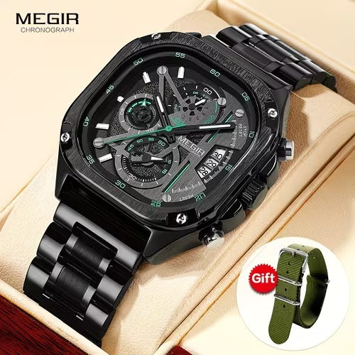 MEGIR Quartz Watch Men ⌚ Waterproof Square Dial 💧 Chronograph Stainless Steel Strap ✨ Luminous Hands 🌙 Auto Date 📅